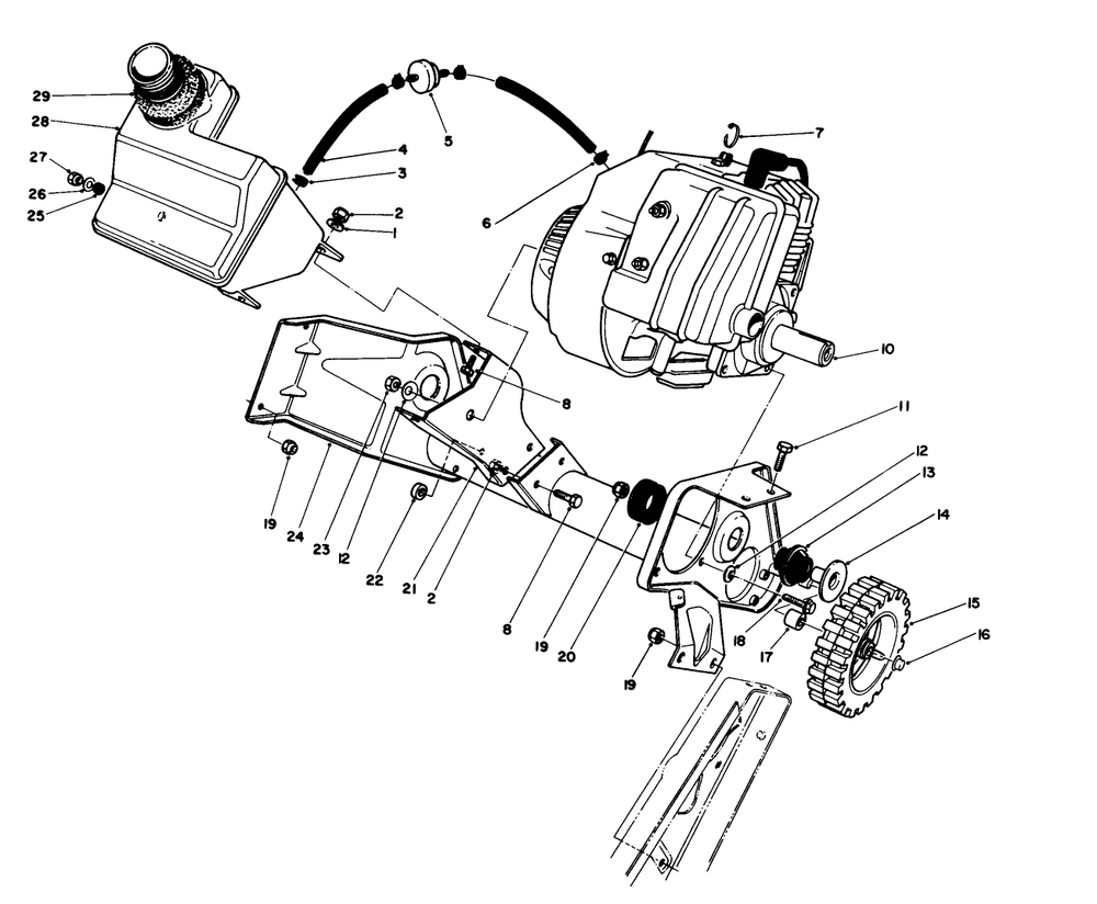Engine & Main Frame Assembly Diagram and Parts List for 38181 3900001 - 3999999 Toro Snow Blower