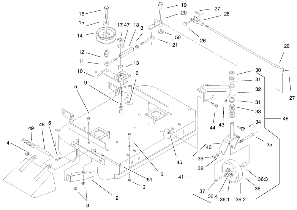 Deck, Drive Pulleys & Caster Wheels Diagram and Parts List for 30184 990001 - 999999 Toro Lawn Mower