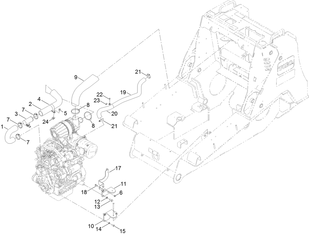 Engine Mount And  Air Intake Hose Assembly Diagram and Parts List for 22530 414400000 - 999999999 Toro Lawn Tractor Accessories