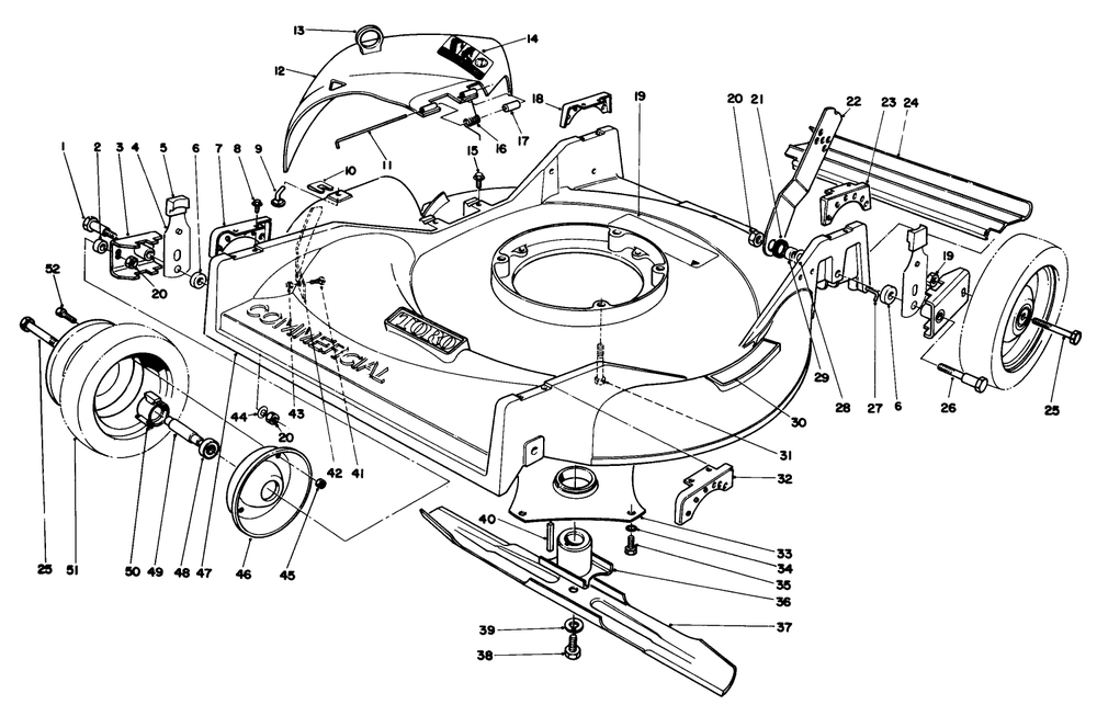 Housing Assembly Diagram and Parts List for 22025C 7000001 - 7999999 Toro Lawn Mower