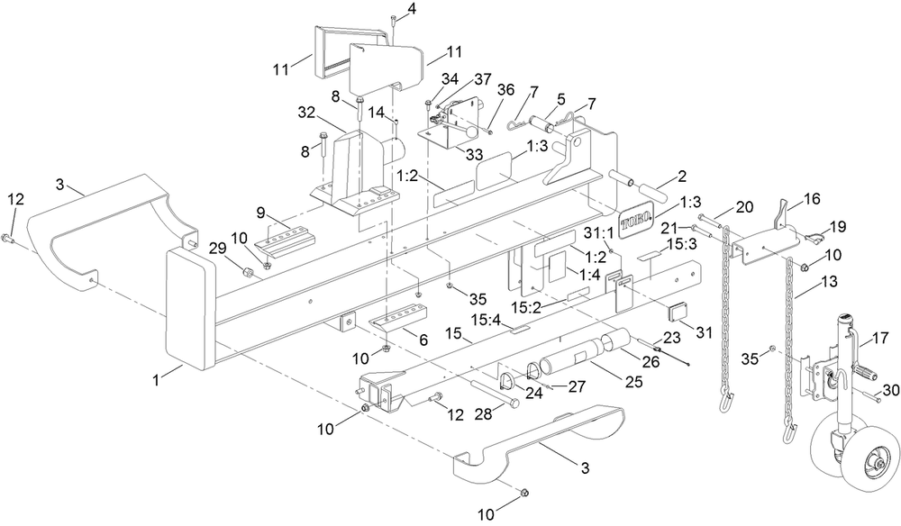 Frame And Jack Assembly Diagram and Parts List for 22618HD 405500000-407699999 Toro Log Splitter