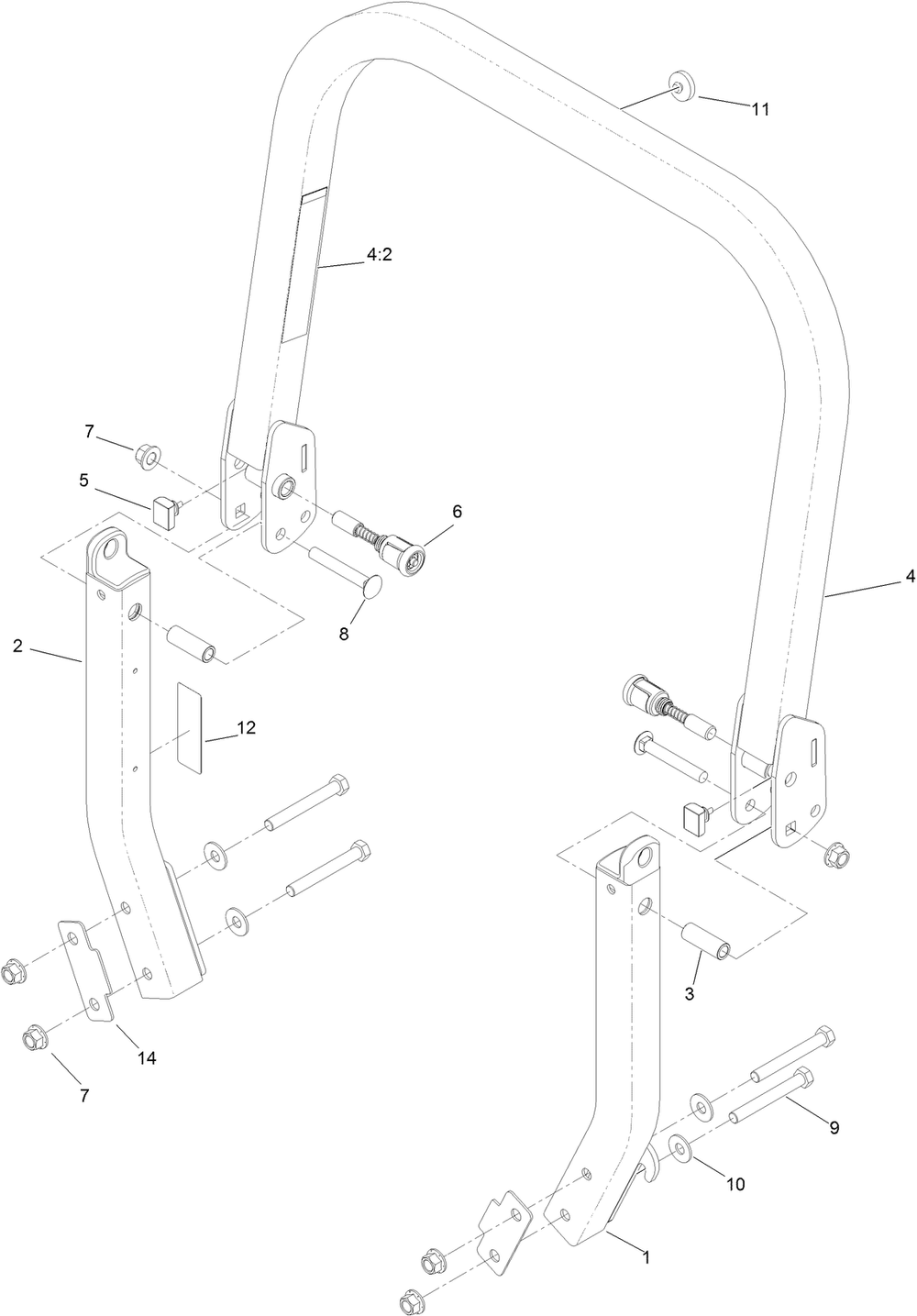 Roll-Over Protection System Assembly 1 Diagram and Parts List for 74945 401800000-403226783 Toro Lawn Tractor