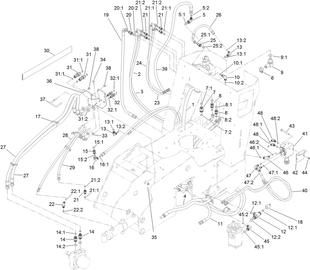 Hydraulic Hose Routing Assembly Diagram and Parts List for 23208G 400000000 - 401999999 Toro Stump Grinder