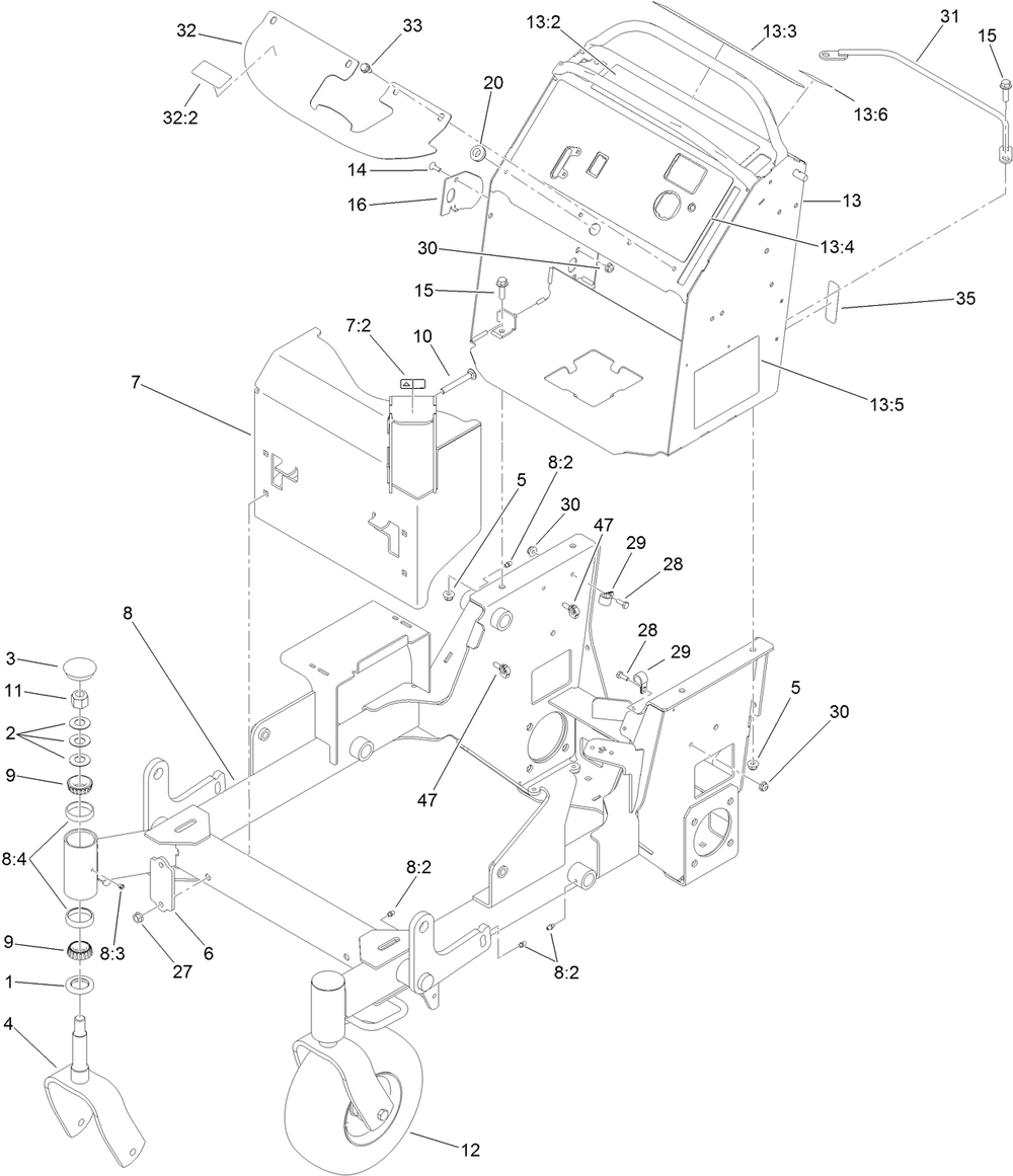 Main Frame Assembly Diagram and Parts List for 74536TE 404330000-404599999 Toro Lawn Mower