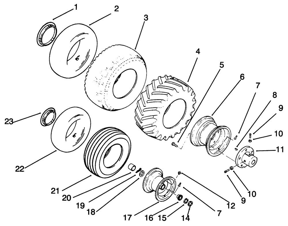 Wheels And Tires Diagram and Parts List for 73440 5900223 - 5999999 Toro Lawn Tractor