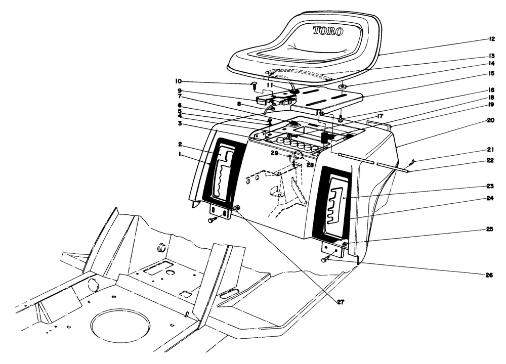 Rear Body & Seat Assembly Diagram and Parts List for 57360 6000001 - 6999999 Toro Lawn Tractor