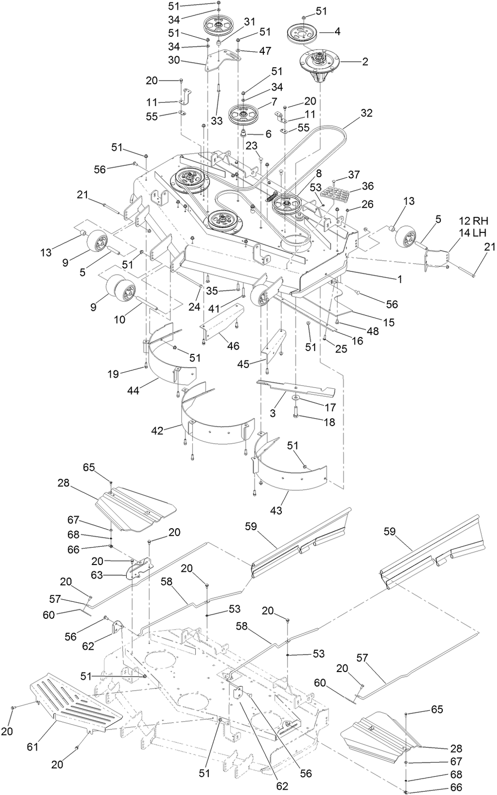 Deck Assembly Diagram and Parts List for 74279TE 404320000-999999999 Toro Lawn Tractor