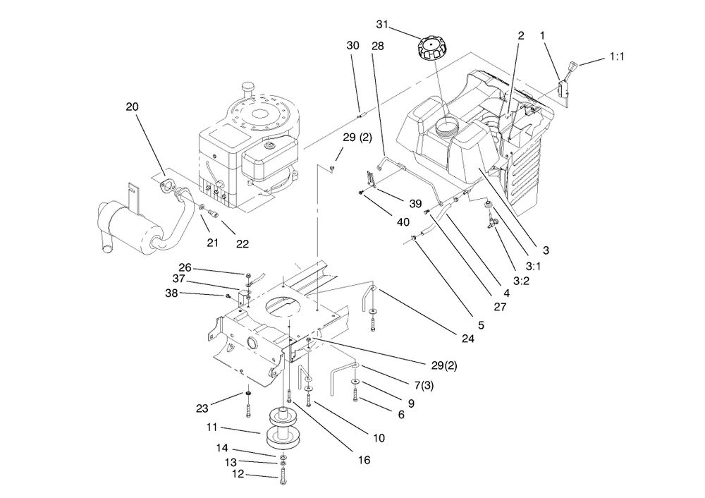 Gas Tank & Engine Pulley Assembly Diagram and Parts List for 71190 7900001 - 7999999 Toro Lawn Tractor