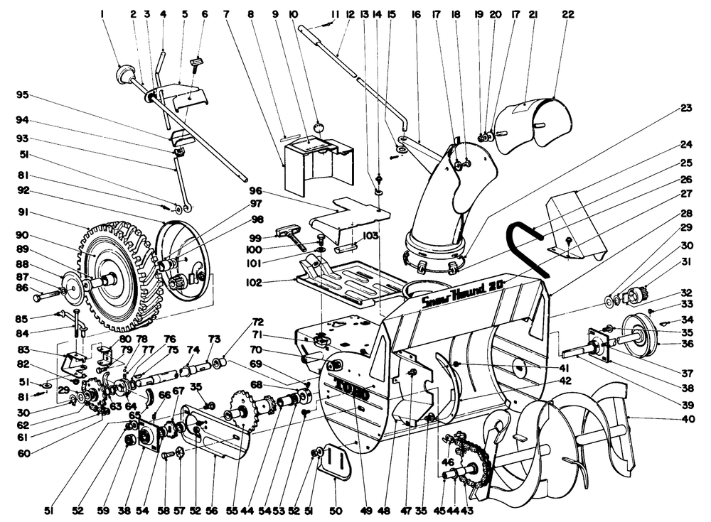 20" Snowhound P. H. Assembly Diagram and Parts List for 31210 0000001 - 0999999 Toro Snow Blower