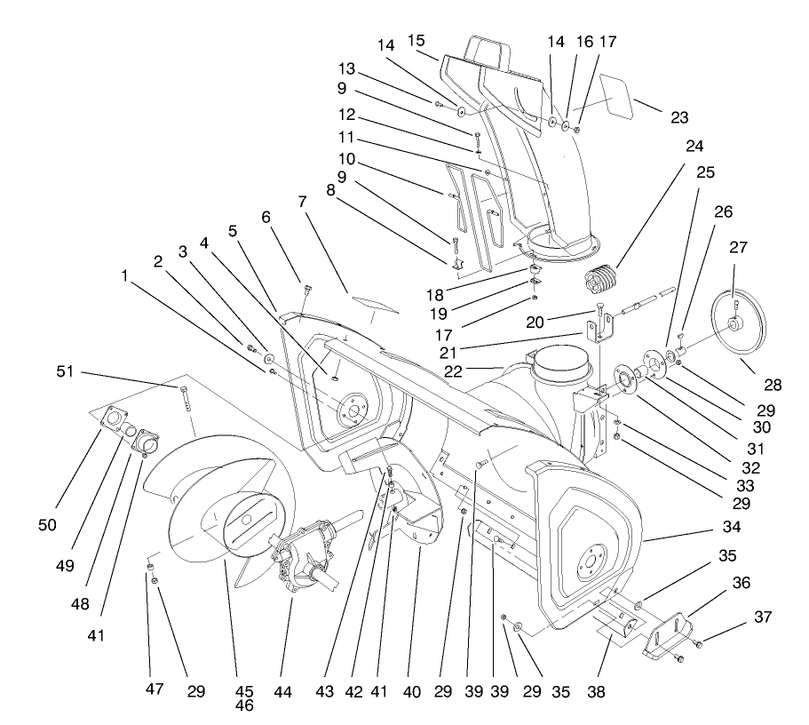 Auger And Housing Assembly Diagram and Parts List for 38083 7900001 - 7999999 Toro Snow Blower