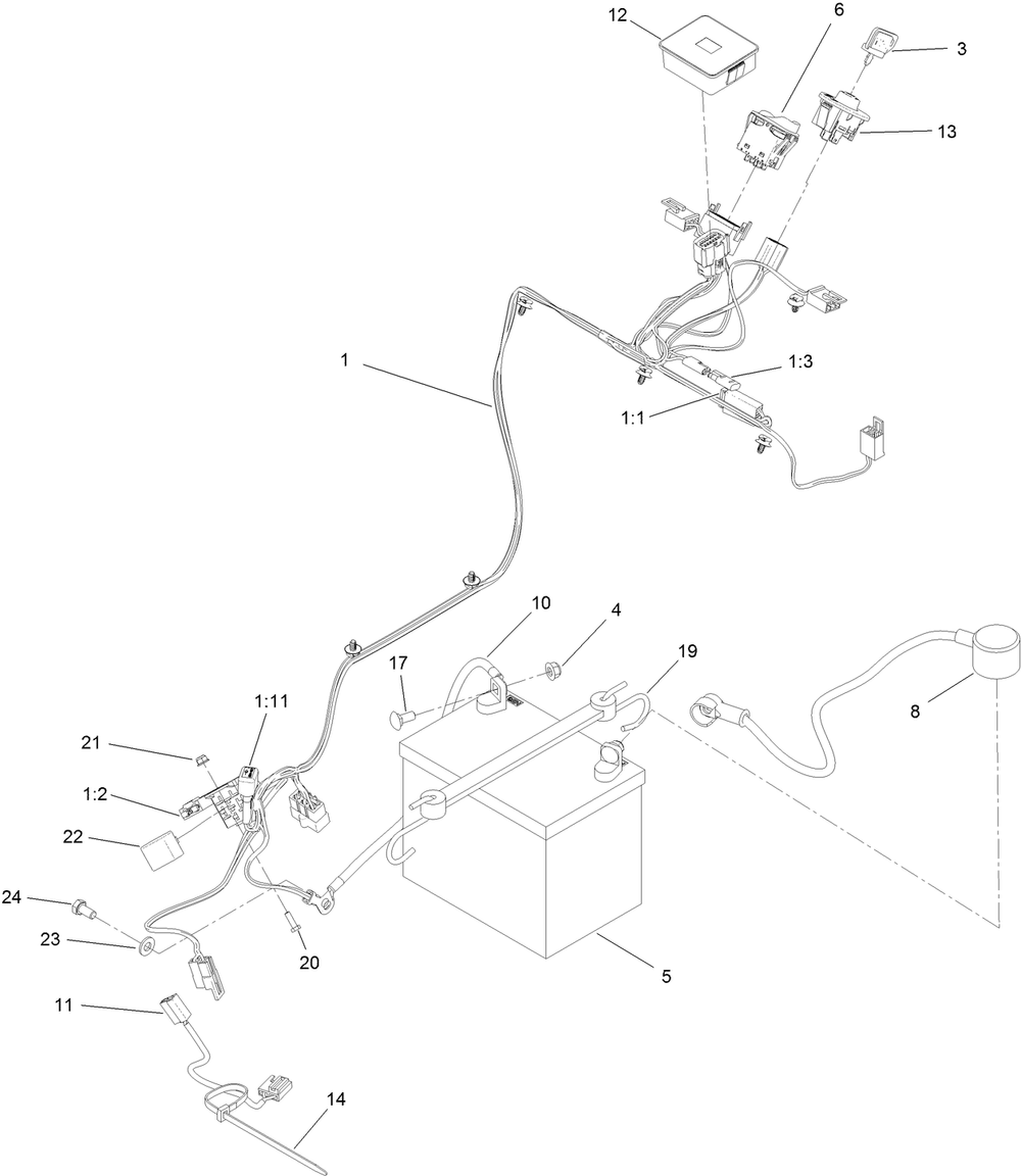 Electrical Harness And Battery Assembly Diagram and Parts List for 44454 406643229-407999999 Toro Lawn Mower