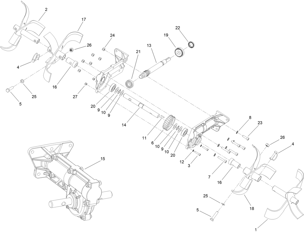 Tines And Transmission Assembly Diagram and Parts List for 58604 323000001 - 999999999 Toro Tiller