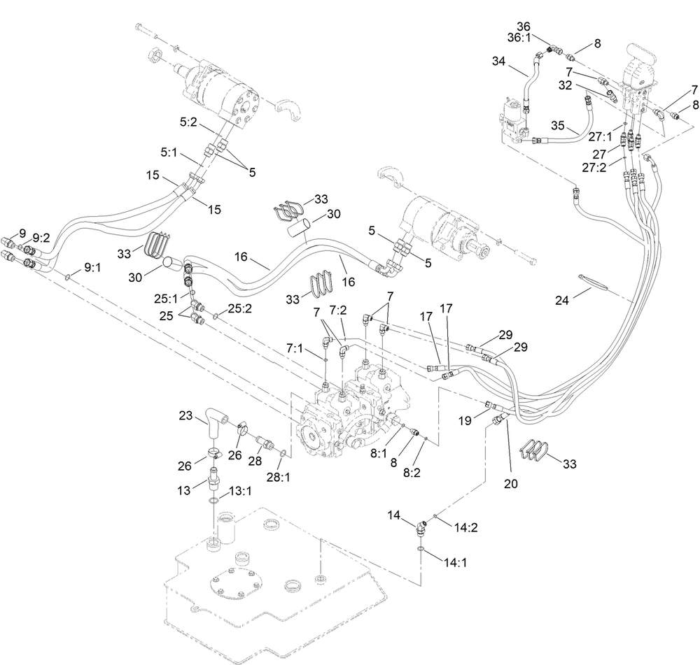 Hydraulic Motor And Hose Assembly Diagram and Parts List for 22327 408338893 - 409549999 Toro Lawn Tractor Accessories