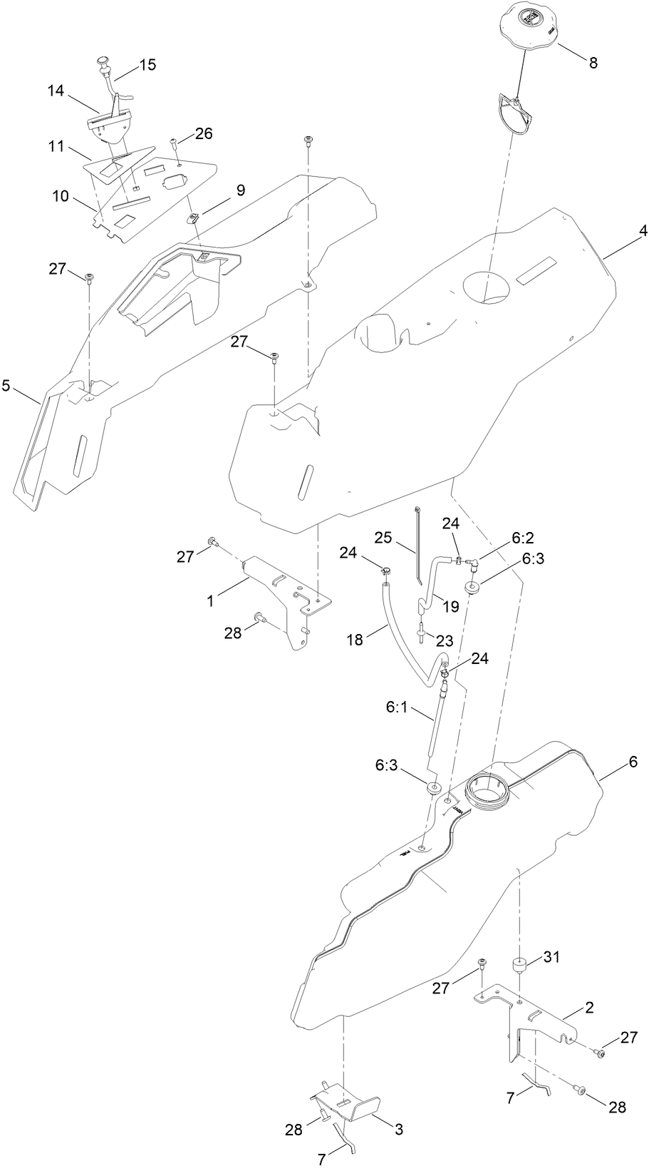 Body Styling And Fuel Pod Assembly Diagram and Parts List for 75760 409290000 - 409784868 Toro Lawn Tractor