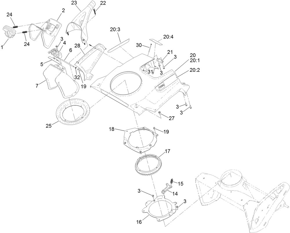Shroud And Chute Assembly Diagram and Parts List for 38753 412000000 - 414015200 Toro Snow Blower