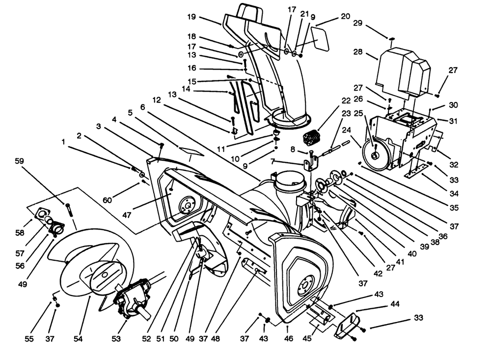 Housing & Chute Assembly Diagram and Parts List for 38543 3900001 - 3999999 Toro Snow Blower
