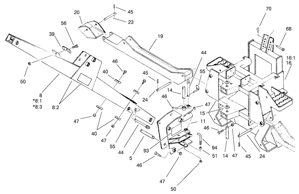 Frame, Boom And Stabilizer Assembly Diagram and Parts List for 22412 990001 - 999999 Toro Lawn Tractor Accessories