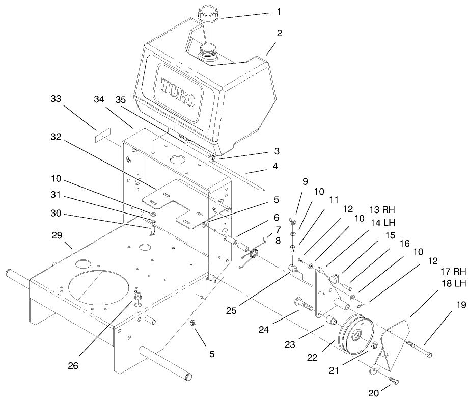 Fuel Tank & Idler Bracket Assembly Diagram and Parts List for 30177 990001 - 991351 Toro Lawn Tractor Accessories