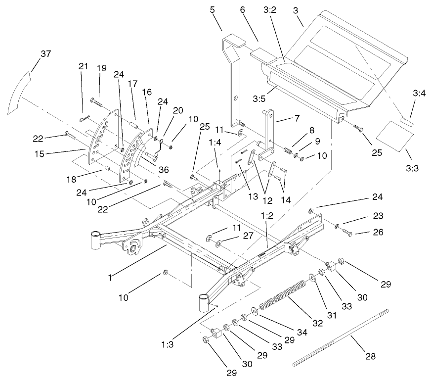 Front Frame Assembly Diagram and Parts List for 74213 (210000001-210999999)(2001) Toro Lawn Mower