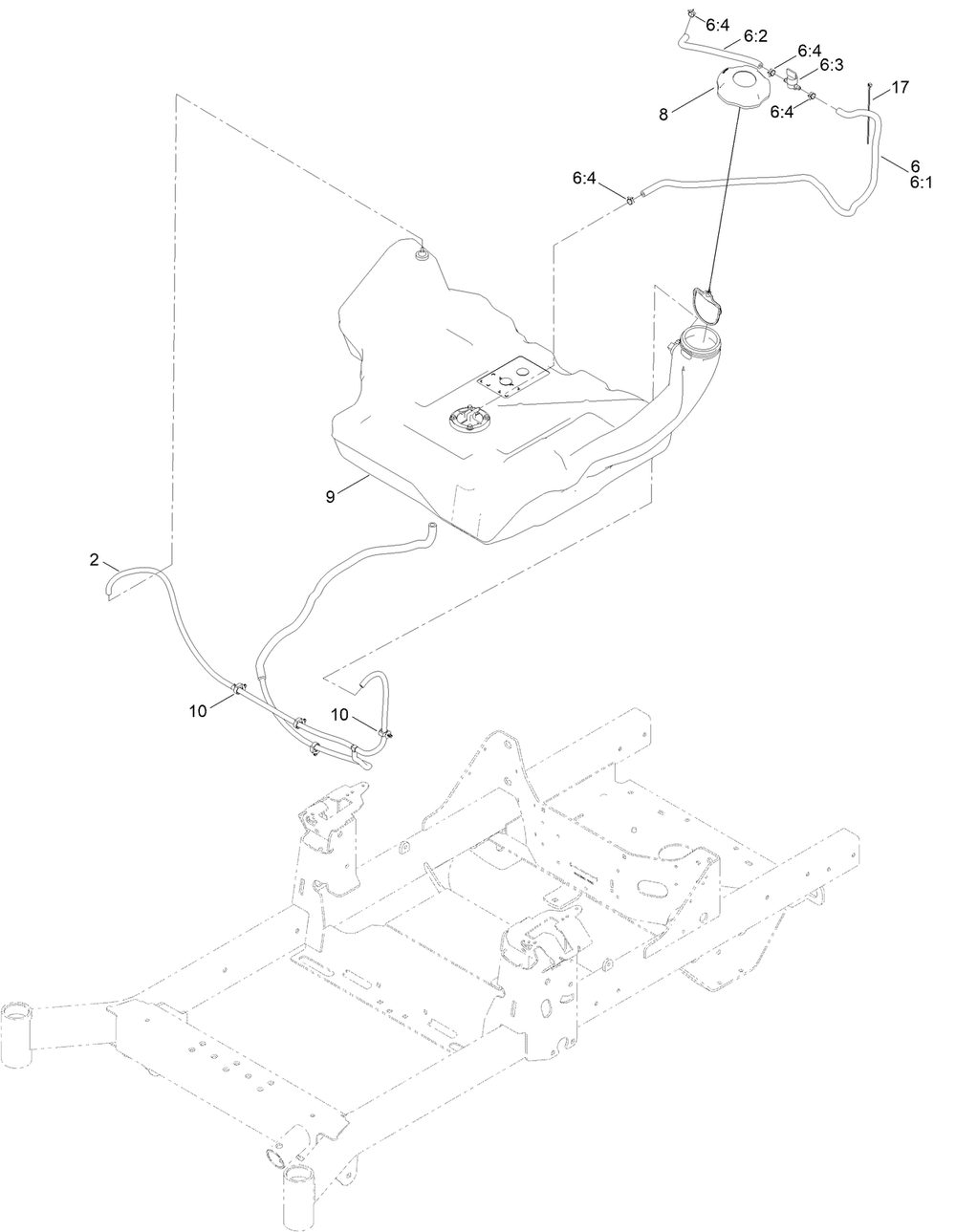 Fuel Tank And Vent Hose System Assembly Diagram and Parts List for 76601 409103364 - 410399999 Toro Lawn Tractor