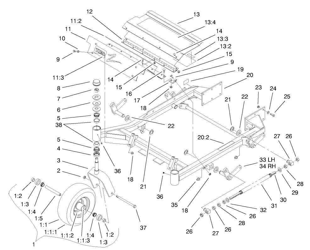 Front Frame Assembly Diagram and Parts List for 74173 (200000001-200999999)(2000) Toro Lawn Mower