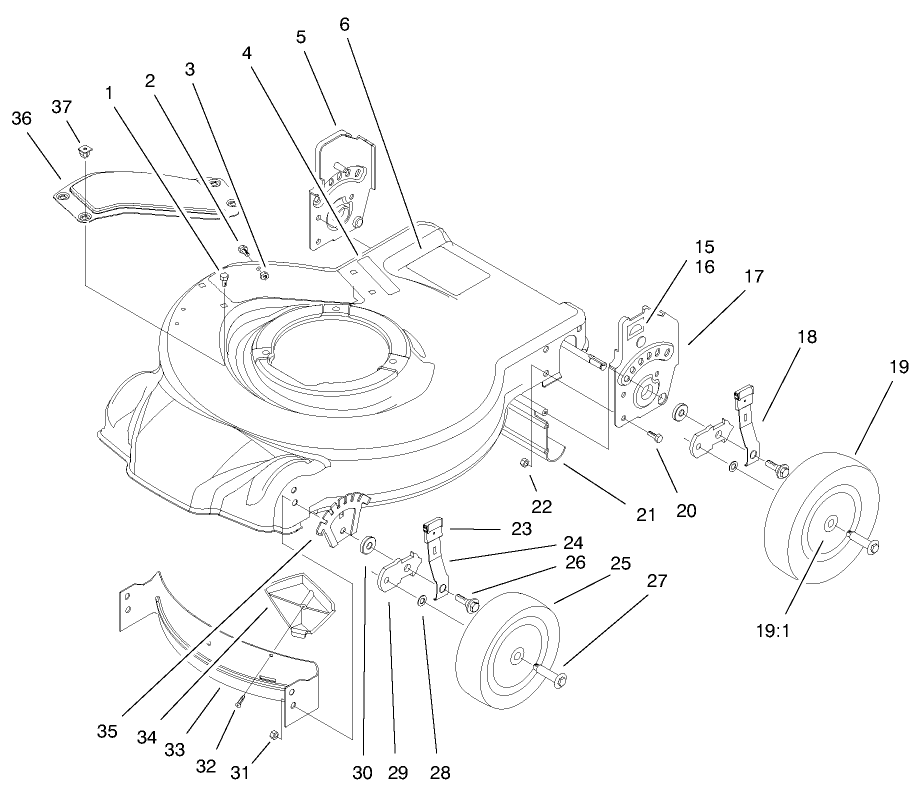 Housing, Handle Brackets, & Wheel Assembly Diagram and Parts List for 20010 9900001 - 9999999 Toro Lawn Mower