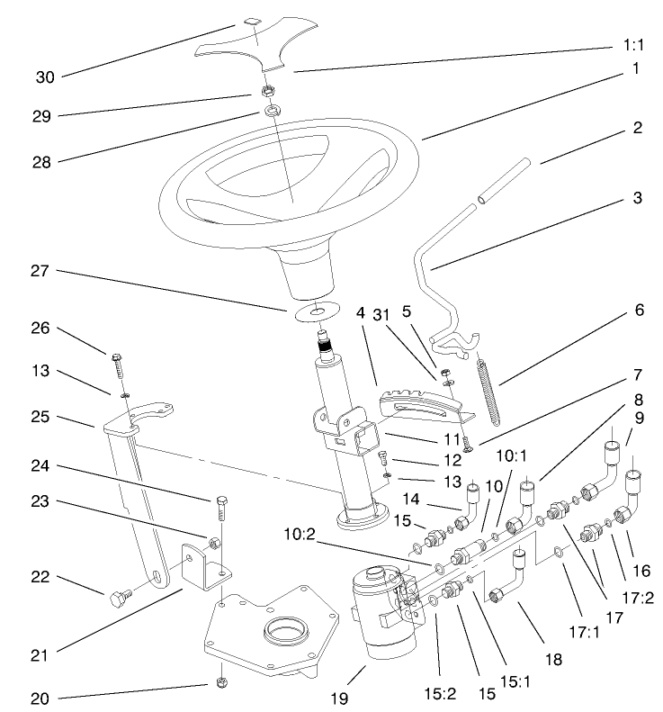 Power Steering & Tilt Assembly Diagram and Parts List for 73580 9900001 - 9999999 Toro Lawn Tractor