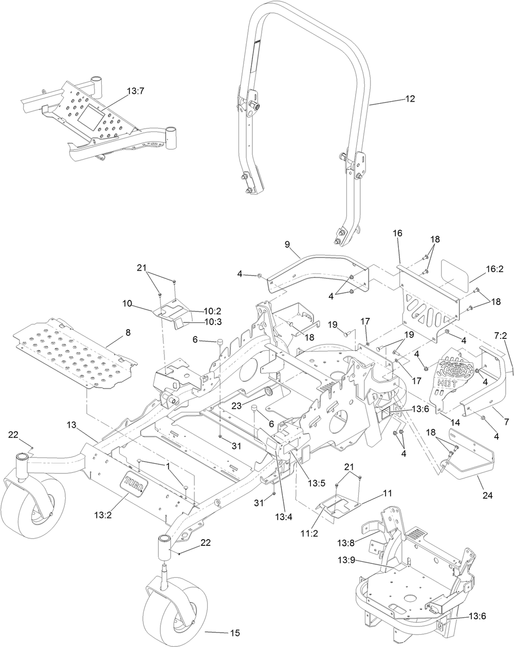 Frame And Caster Wheel Assembly Diagram and Parts List for 74145 (316000001-316999999)(2016) Toro Lawn Mower