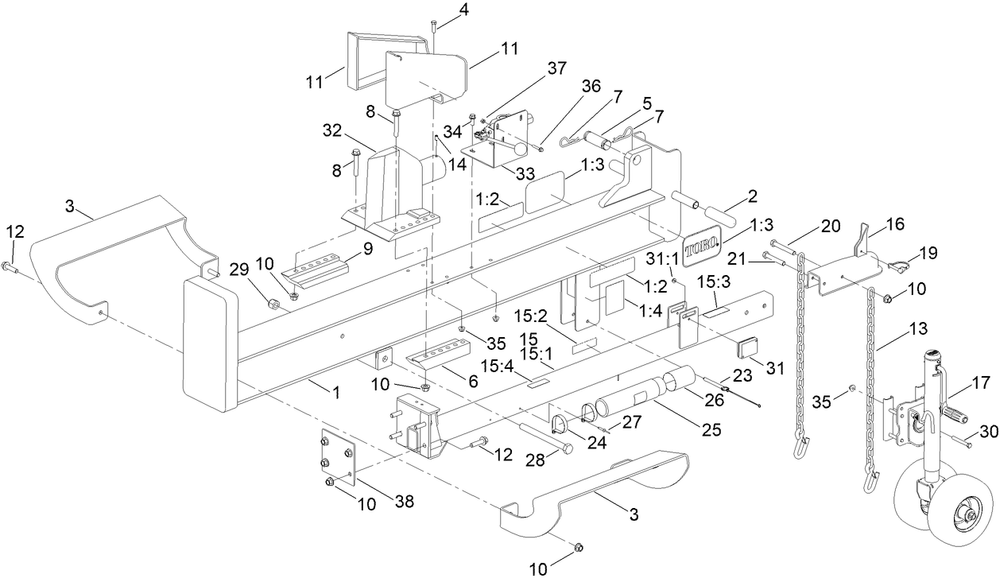 Frame And Jack Assembly Diagram and Parts List for 23618 400000000-999999999 Toro Log Splitter