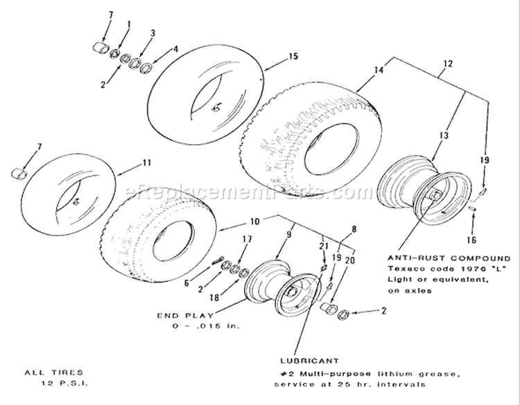 Wheels And Tires Diagram and Parts List for F2-09K401 1988 Toro Lawn Tractor