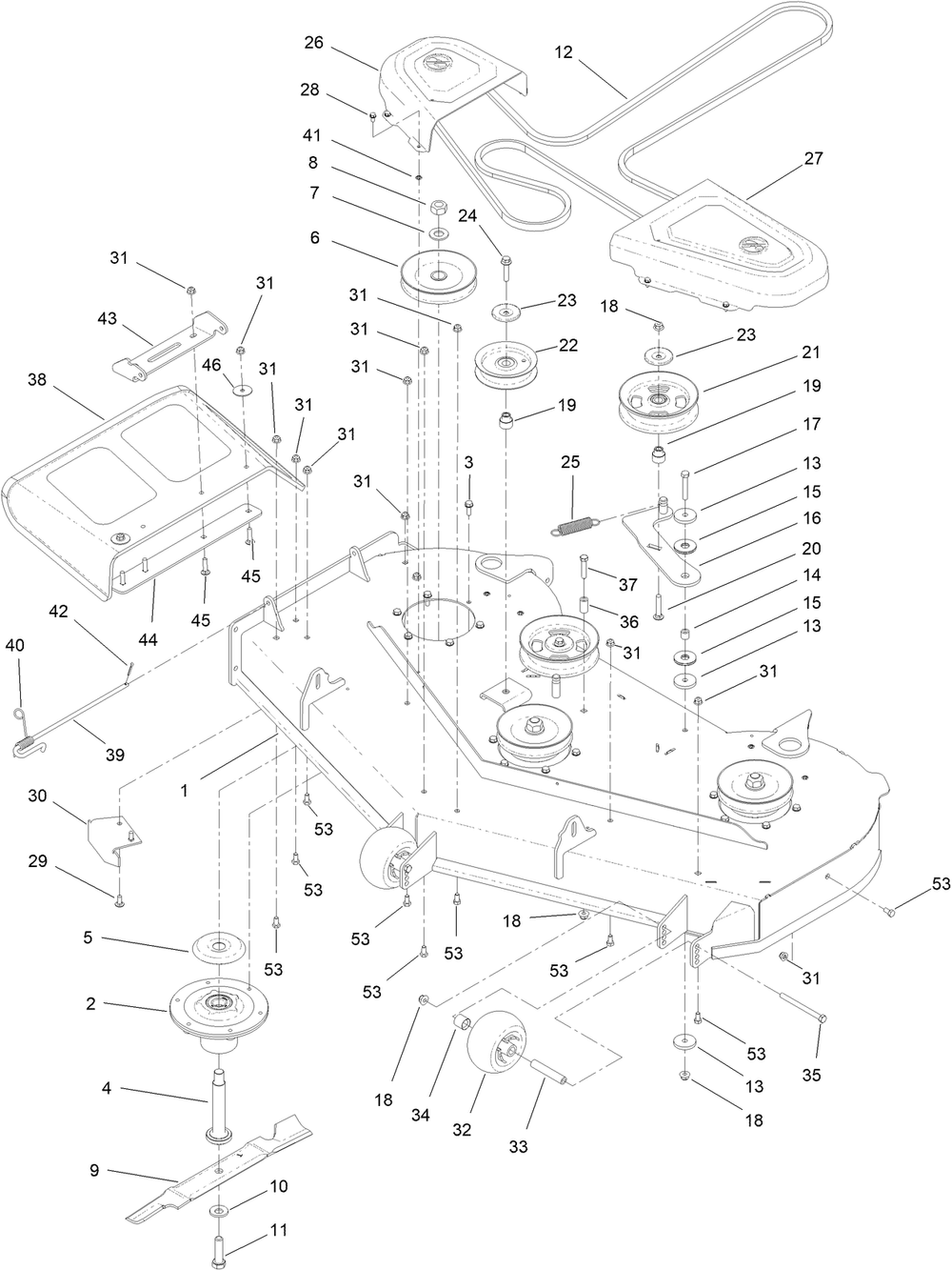 Deck Assembly Diagram and Parts List for 44454 406643229-407999999 Toro Lawn Mower