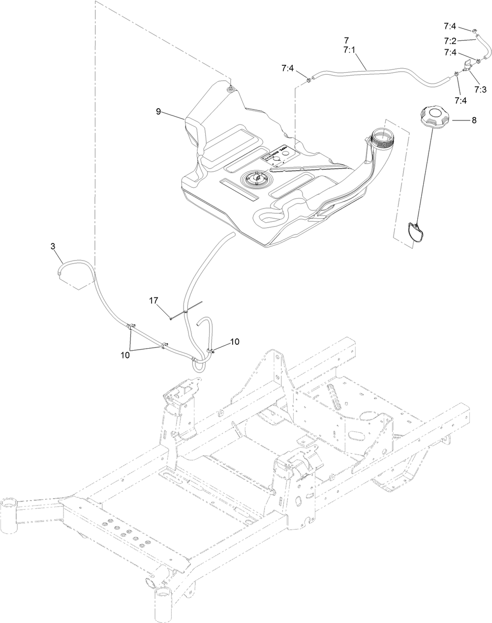 Fuel System And Vent Hose Assembly Diagram and Parts List for 74472 402100000-403351083 Toro Lawn Tractor