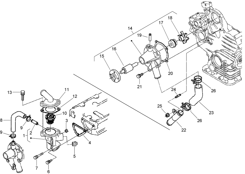 Water Flange, Pump, Pipe And Thermostat Assembly Diagram and Parts List for 74265TE (270000001-270999999)(2007) Toro Lawn Mower