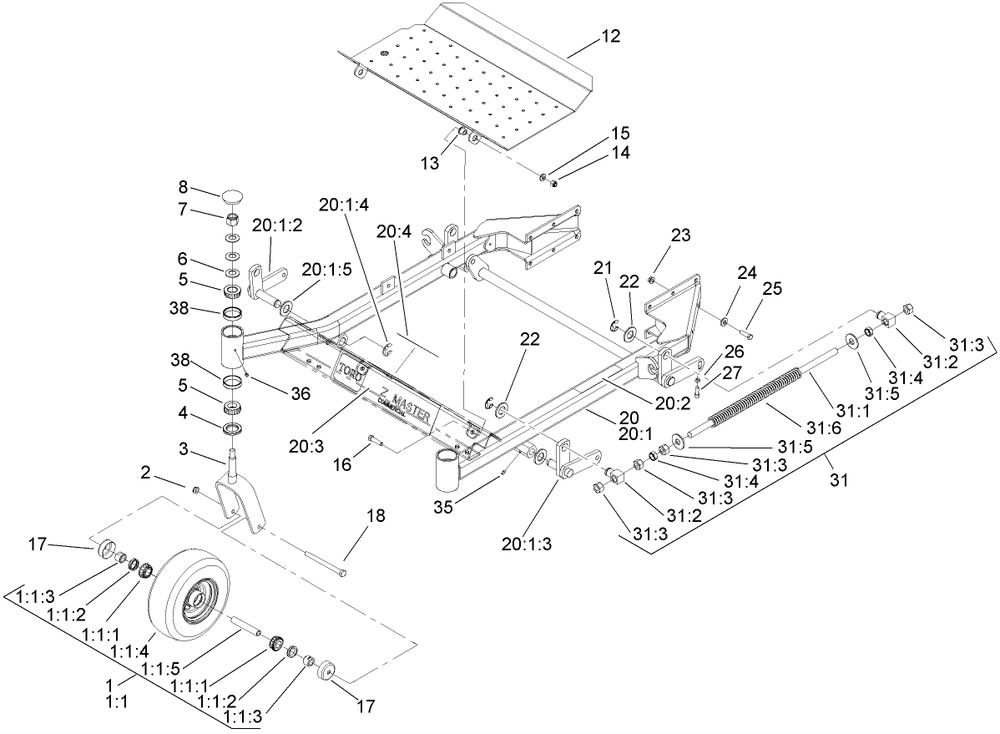Front Frame Assembly Diagram and Parts List for 74410 (280000001-280999999)(2008) Toro Lawn Mower