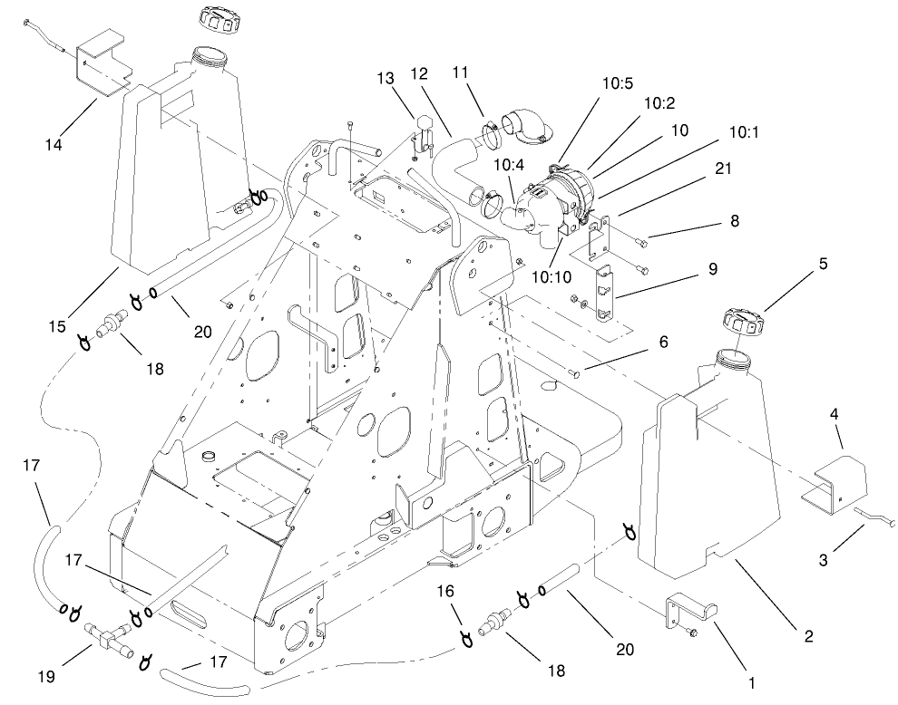 Fuel Tank And Air Filter Assembly Diagram and Parts List for 22305TE 990001 - 999999 Toro Lawn Tractor Accessories