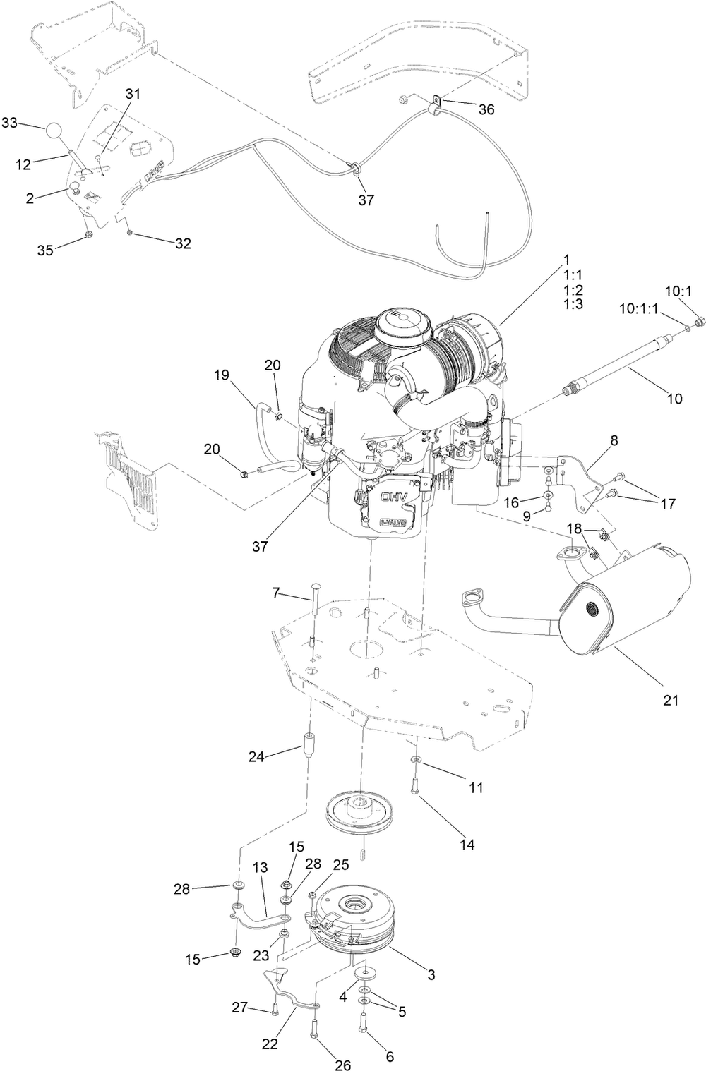 Engine, Clutch And Muffler Assembly Diagram and Parts List for 72968 412413921 - 412799999 Toro Lawn Tractor