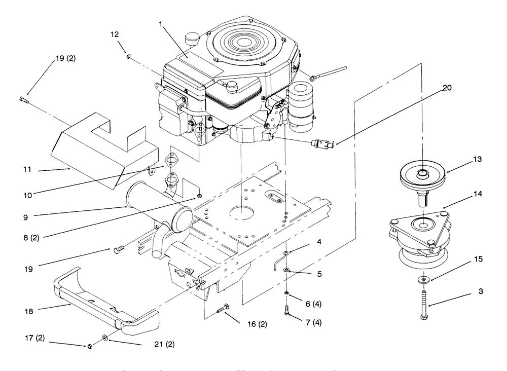 Single Cylinder Engine, Muffler, And P.T.O. Diagram and Parts List for 72042 5900001 - 5900796 Toro Lawn Tractor