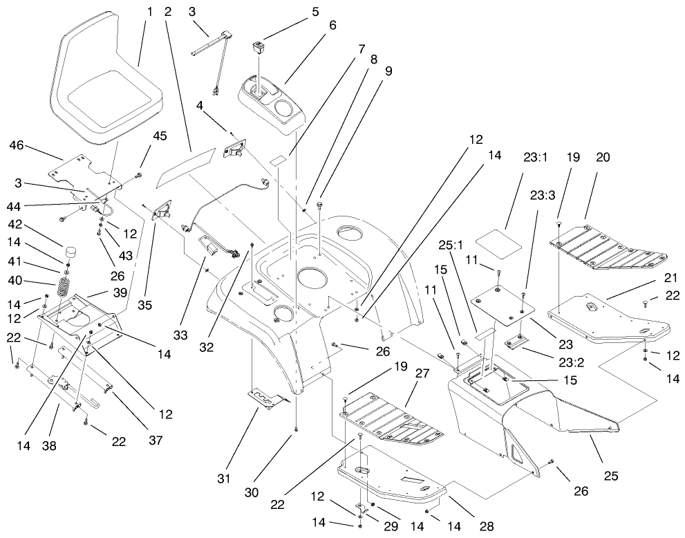 Fender, Footrest And Seat Assembly Diagram and Parts List for 73545 8900001 - 8999999 Toro Lawn Tractor