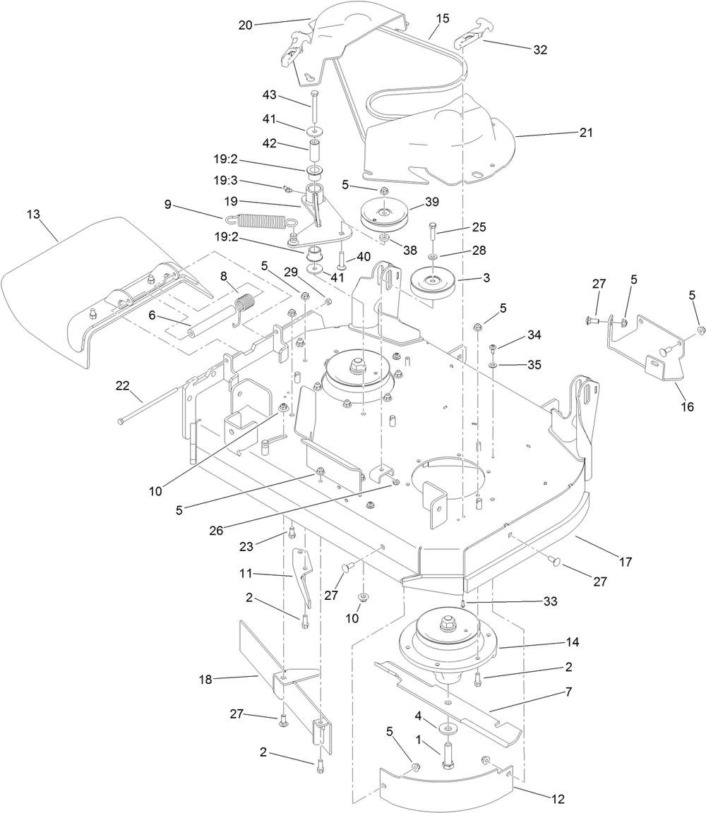 Deck Assembly Diagram and Parts List for 74534 413000000 - 415399999 Toro Lawn Tractor