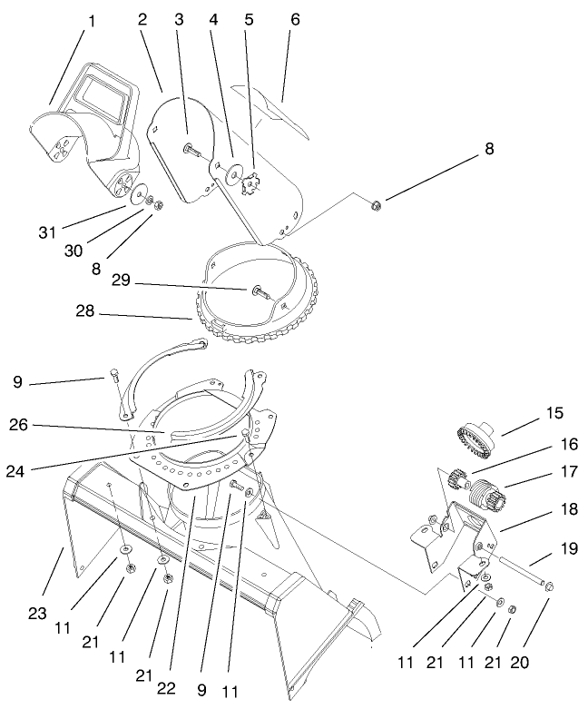 Deflector And Discharge Assembly Diagram and Parts List for 38424 9900001 - 9999999 Toro Snow Blower