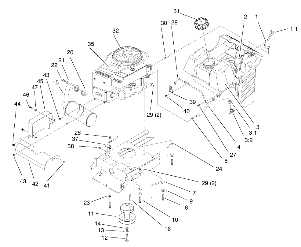 Engine & Gas Tank Assembly Diagram and Parts List for 71215 7900001 - 7999999 Toro Lawn Tractor