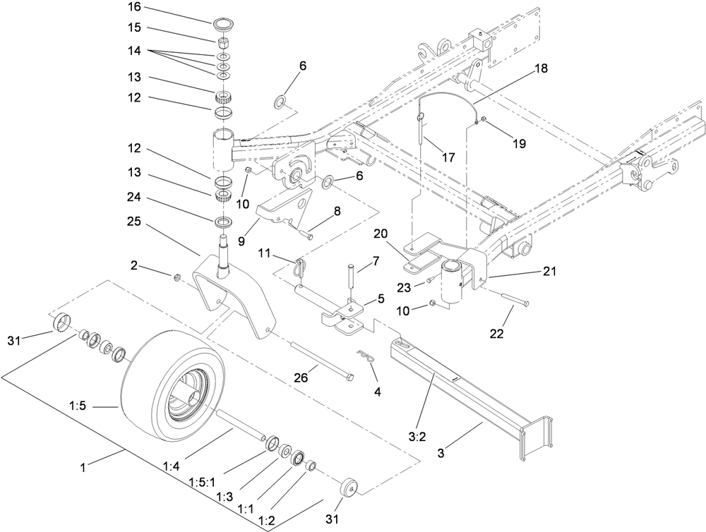 Fork, Caster Wheel And Z Stand Assembly Diagram and Parts List for 74274CP (311000001-311999999)(2011) Toro Lawn Mower