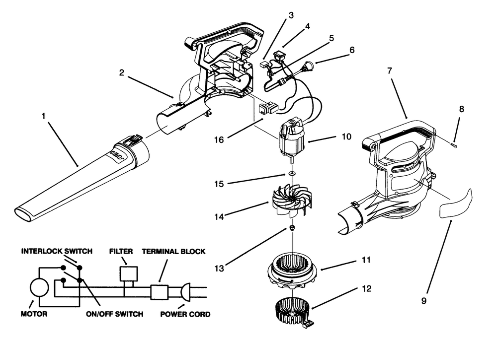 Blower Assembly Diagram and Parts List for 51557 59000001 - 59999999 Toro Leaf Blower / Vacuum
