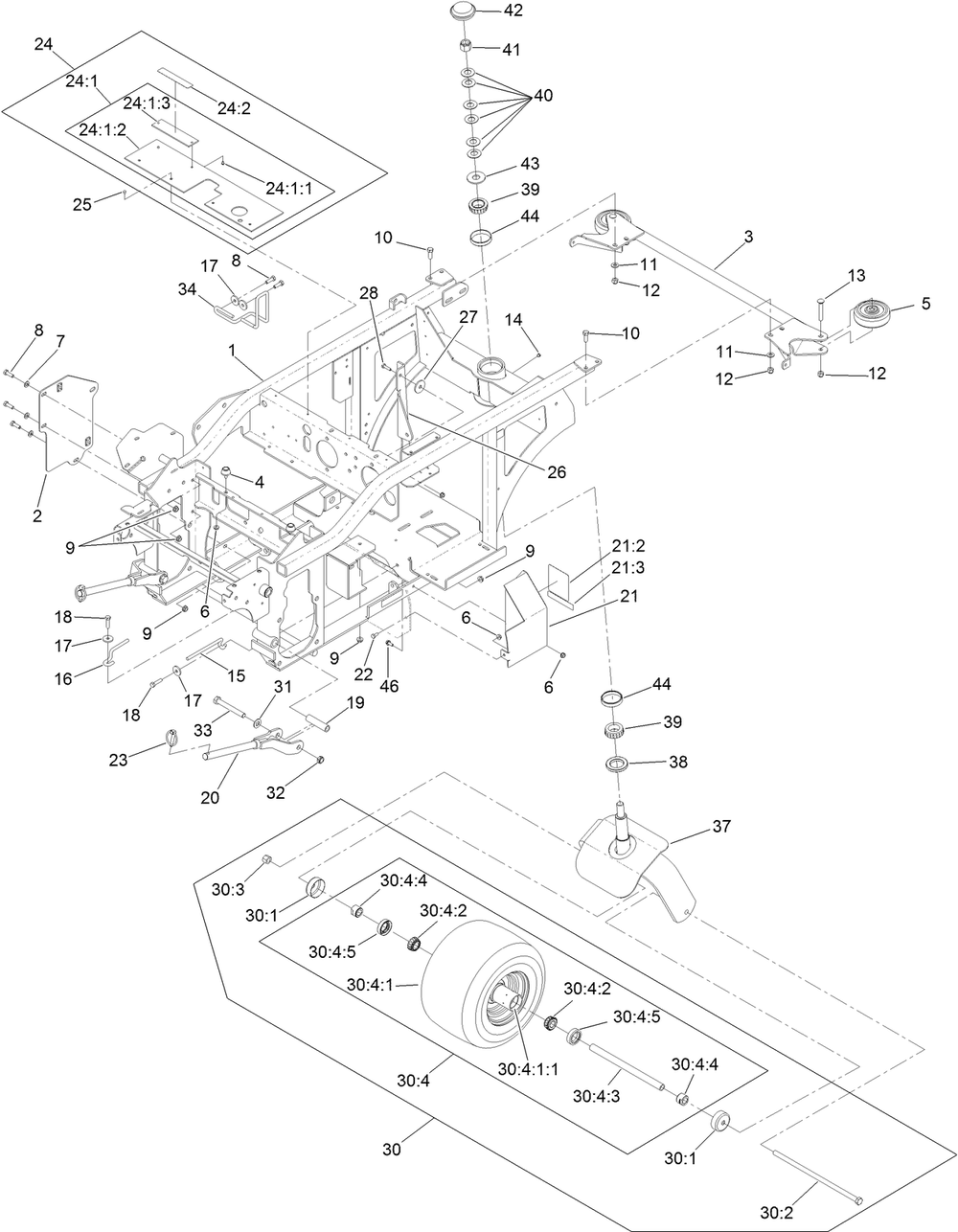 Caster Wheel And Frame Assembly Diagram and Parts List for 74315 405700000 - 412599999 Toro Lawn Tractor