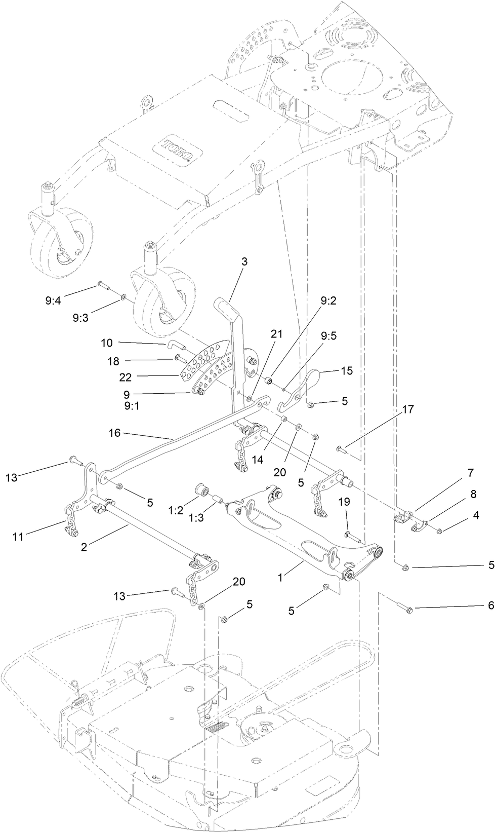 Deck Lift Assembly Diagram and Parts List for 44409 407700000-409999999 Toro Lawn Mower