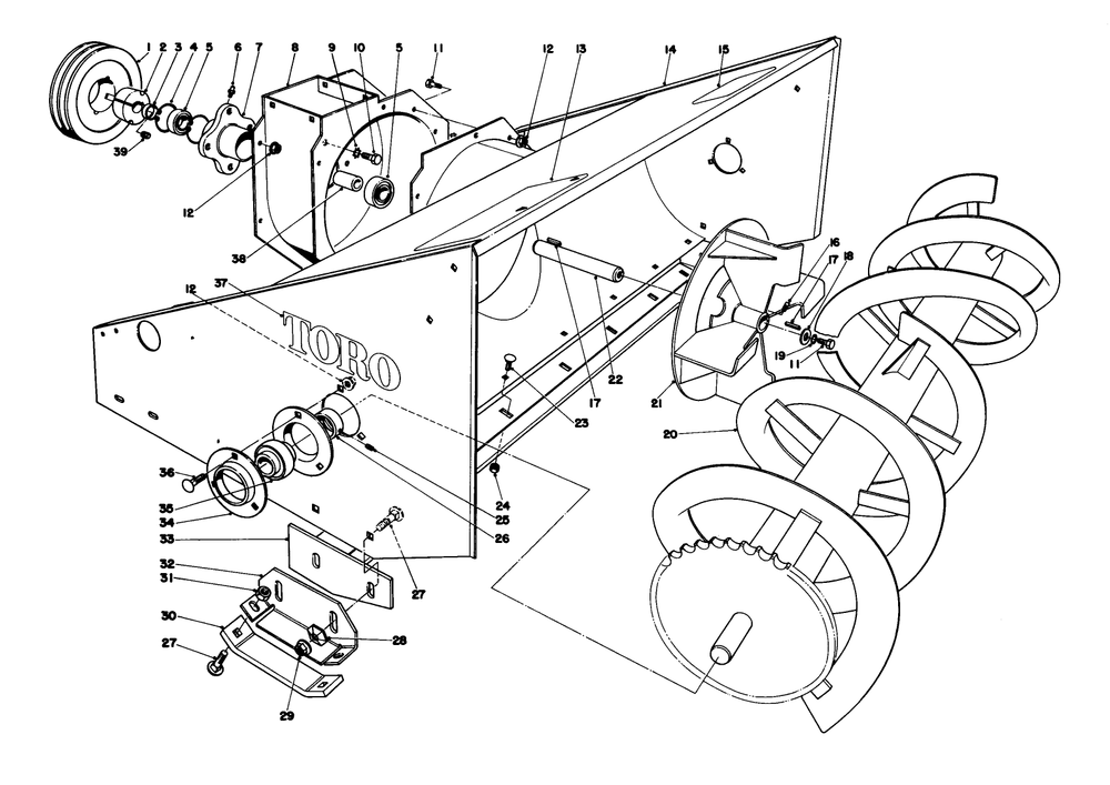 Auger Housing Diagram and Parts List for 30572 90001 - 99999 Toro Snow Blower