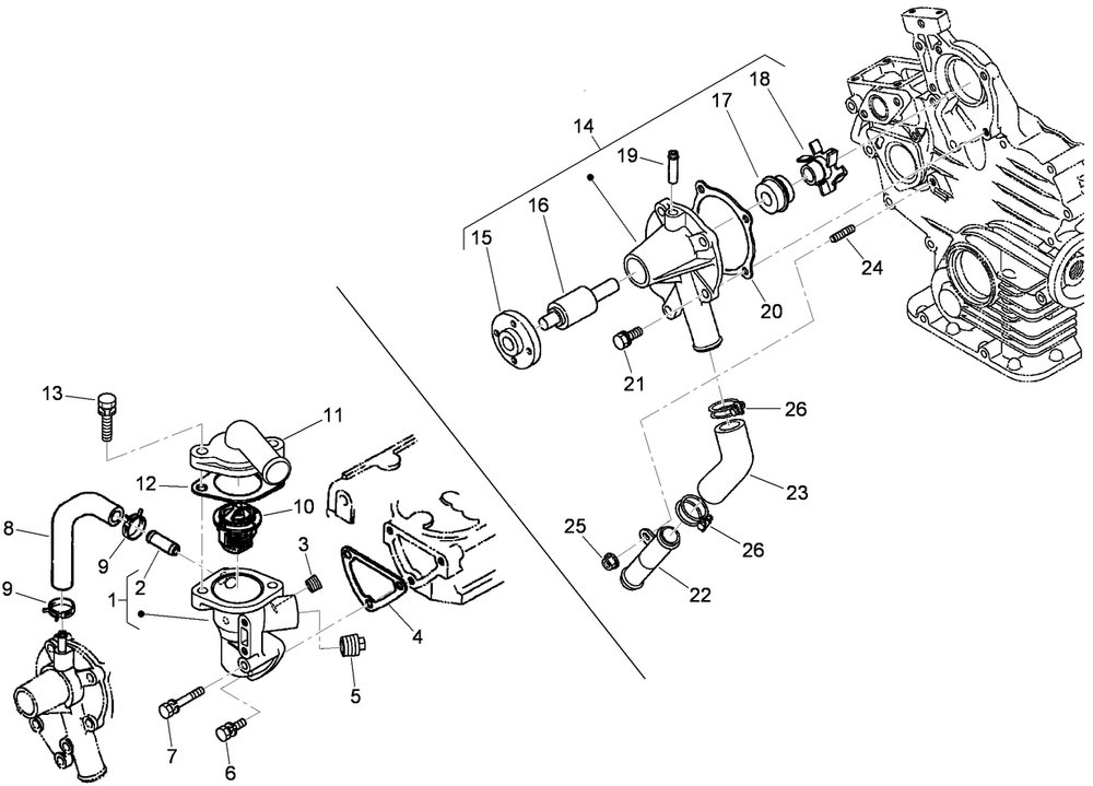 Water Flange And Thermostat Assembly Diagram and Parts List for 74264TE (310000001-310999999)(2010) Toro Lawn Mower