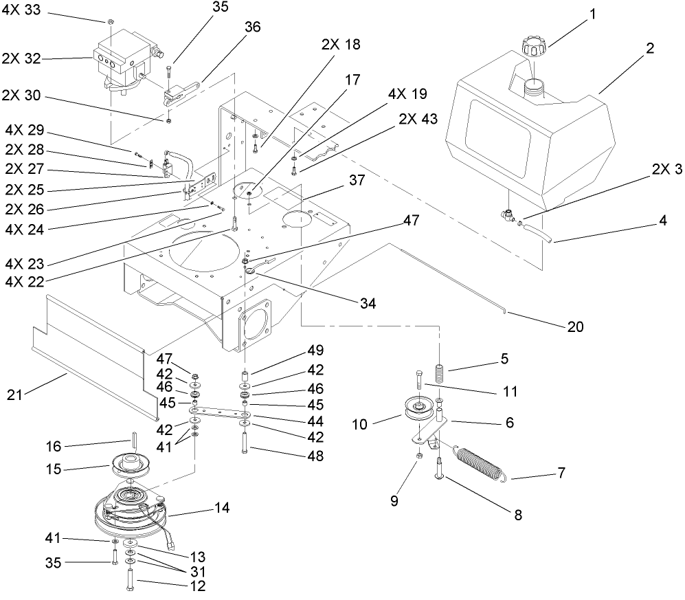 Fuel Tank, Hydro Pump And Power-Take-Off Assembly Diagram and Parts List for 30299TE (260000001-260999999)(2006) Toro Lawn Mower