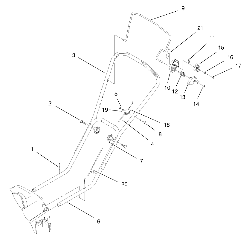 Handle And Controls Assembly Diagram and Parts List for 21042 8900001 - 8999999 Toro Lawn Mower