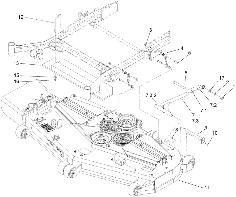 Deck Connection Assembly Diagram and Parts List for 74281TE (270000001-270000300)(2007) Toro Lawn Tractor